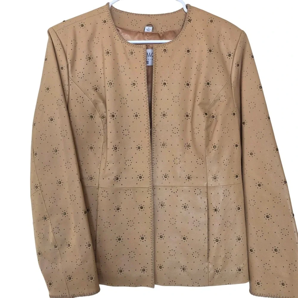 Pamela McCoy Tan Leather Jacket Perforated Studded Whipstitch Tan Medium PM-2016